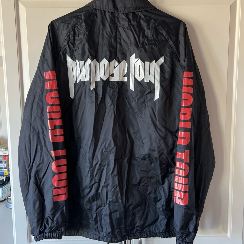 Black Graphic Windbreaker Jacket with Red Sleeve Print